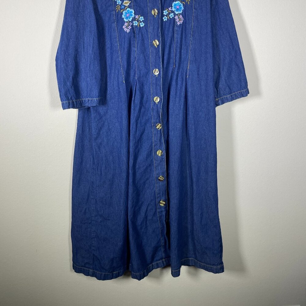 Vintage 90s Blair Denim Maxi Dress Floral Embroidery Button Front A-Line Medium! - Picture 2 of 8